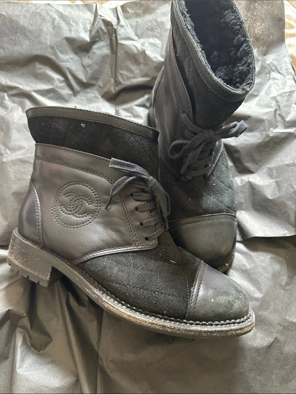 CHANEL Black Quilted Leather & Suede Lace-Up Ankle Boots